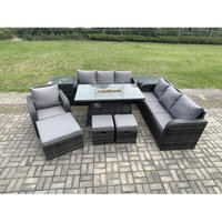 Polyrattan Gartenmöbel Set Gas Feuerstelle Esstisch Liegestühle 3-Sitzer Sofa Set mit 2 Beistelltischen 3 Hockern 10-Sitzer - Fimous Polyrattan Gartenmöbel Set Gas Feuerstelle Esstisch Liegestühle 3-Sitzer Sofa Set mit 2 Beistelltischen 3 Hockern 10-Sitzer - Fimous von FIMOUS