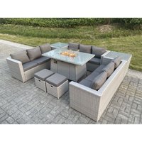 Polyrattan Gartenmöbel Set im Freien Gas Feuertisch Sofa Sets mit 2 Beistelltisch 2 Kleiner Hocker Helles Grau - Fimous von FIMOUS