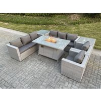 Polyrattan Gartenmöbel Set im Freien Gas Feuertisch Sofa Sets mit 2 Sessel 2 Beistelltisch Gas Feuerstelle Helles Grau - Fimous von FIMOUS