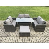Polyrattan Gartenmöbel Set mit Rechteckiger Esstisch Großer Fußhocker Dunkelgrau gemischt - Fimous von FIMOUS
