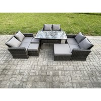 Polyrattan Gartenmöbel-Sets mit Länglicher Esstisch Doppelsitzsofa 3 Fußhockern Dunkelgrau gemischt - Fimous von FIMOUS