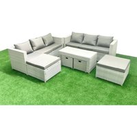 Polyrattan Gartensofa Set Couchtisch 4 Hockern Hellgrau gemischt 10-Sitzer - Fimous von FIMOUS