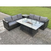 Fimous - Rattan Garten Eck Möbel Gas Feuergrube Tisch Esssets Gas Heizung Brenner Lounge Dunkelgrau 6 Sitzer von FIMOUS