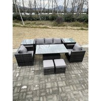 Fimous - Rattan Gartenmöbel Einstellbare Aufsteigende Esstisch Sofa Set Stühle 2 Side Couchtische mit 2 Hockern von FIMOUS