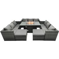 Rattan-Gartenmöbel Firepit Set Outdoor 11-Sitzer Esstisch Set mit Glasplatte - Fimous von FIMOUS