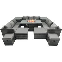 Rattan Gartenmöbel Set 13-Sitzer Garten Sofa Gas Feuertisch Set mit 4 Hockern 2 Beistelltischen - Fimous von FIMOUS