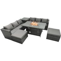 Rattan Gartenmöbel Set 6-Sitzer Garten Sofa Gas Feuertisch Set mit Beistelltischen 2 Hockern - Fimous von FIMOUS