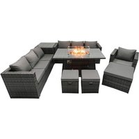 Rattan Gartenmöbel Set 10-Sitzer Garten Sofa Gas Feuertisch Set mit Beistelltisch 3 Hockern - Fimous von FIMOUS