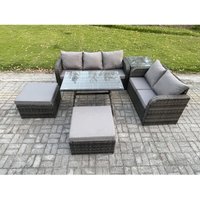 Rattan Gartenmöbel Set 7-Sitzer Rechteckiger Tisch 2 hohen Hockern Love Sofa Beistelltisch Dunkelgrau Gemischt - Fimous von FIMOUS