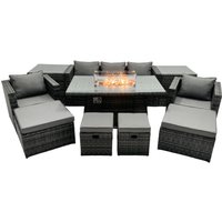 Rattan Gartenmöbel Set 9-Sitzer Garten Sofa Gas Feuertisch Set mit 2 Beistelltisch 4 Hockern - Fimous von FIMOUS