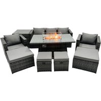 Rattan Gartenmöbel Set 9-Sitzer Garten Sofa Gas Feuertisch Set mit Beistelltisch 4 Hockern - Fimous von FIMOUS
