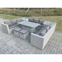 Rattan Gartenmöbel Set mit Sofa, Höhe verstellbar Esstisch und 2 Hocker,2 Beistelltisch,Outdoor Terrassen Essgruppe 8-teilige Sitzgruppe Helles Grau von FIMOUS