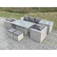 Rattan Gartenmöbel Set mit Sofa, Höhe verstellbar Esstisch und 2 Hocker,Sessel,Beistelltisch,Outdoor Terrassen Essgruppe 7-teilige Sitzgruppe Helles von FIMOUS