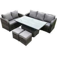 Rattan-Gartenmöbel-Sets im Freien Höhenverstellbarer aufsteigender Esstisch Lounge-Sofa-Satz mit Liebessofa 2 Kleine Fußhocker Dunkelgrau gemischt von FIMOUS