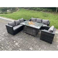 Fimous - Rattan Gartenmöbel Sofa Set Gas Feuer Grube Esstisch Gas Heizung Brenner mit Sessel 7 Sitzer Dunkelgrau gemischt von FIMOUS