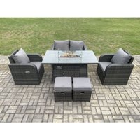 Rattan Gartenmöbel Sofa Set Gas Feuergrube Esstisch Gasheizung mit Liebe Sofa 2 Kleiner Fußhocker Dunkelgrau Gemischt - Fimous von FIMOUS
