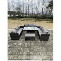 Fimous - u Form Outdoor Rattan Gartenmöbel Sofa Set Lounge Einstellbare Steigende Hubtische Fußhocker Dunkelgrau Gemischt von FIMOUS