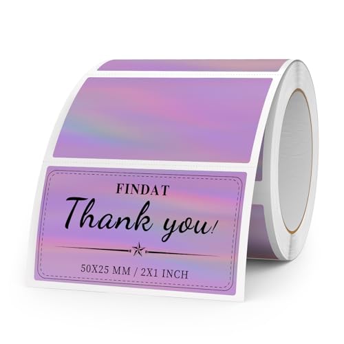 FINDAT Holographische Thermo-Etiketten 50 x 25 mm Violette Rolle Wasserfestes Vinyl Selbstklebend Bedruckbare Laser Thermo-Aufkleber für Logo Design Dankeskarten QR Preis 200 Stück von FINDAT