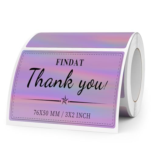 FINDAT Holographische Thermo-Etiketten 76 x 50 mm Violette Rolle Wasserfestes Vinyl Selbstklebend Bedruckbare Laser Thermo-Aufkleber für Logo Design Dankeskarten QR Preis 200 Stück von FINDAT