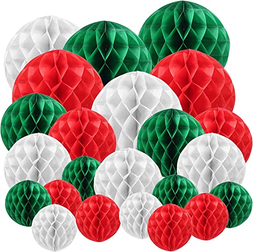 FINDIR 27 Stück Papier Wabenbälle Rot Grün Weiß Pompons Deko Seidenpapier Pompom Papier Wabenball Dekoration für Weihnachten Hochzeit Geburtstag Party Feier von FINDIR