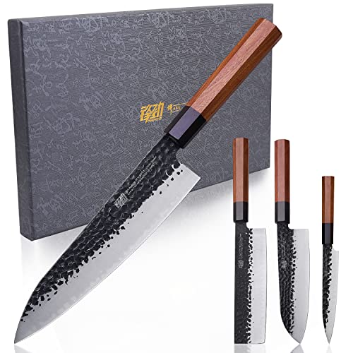FINDKING Dynasty Serie 4PCS Küchenmesserset, Professionelles japanisches Kochmesserset, Klinge aus 9Cr18MoV-Stahl mit hohem Kohlenstoffgehalt, für Fleisch, Obst, Gemüse von FINDKING