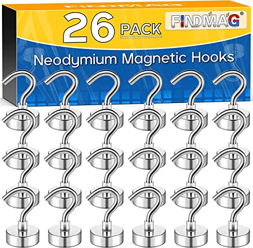 26 Stück Magnethaken, 22 lb+ Starke Magnete Haken, Magnethaken Extra Stark, Magnetischer Haken, Starke Magnete mit Haken, Magnetischer Schlüsselhalter, Magnethaken für Kühlschrank, Badezimmer, Küche von FINDMAG