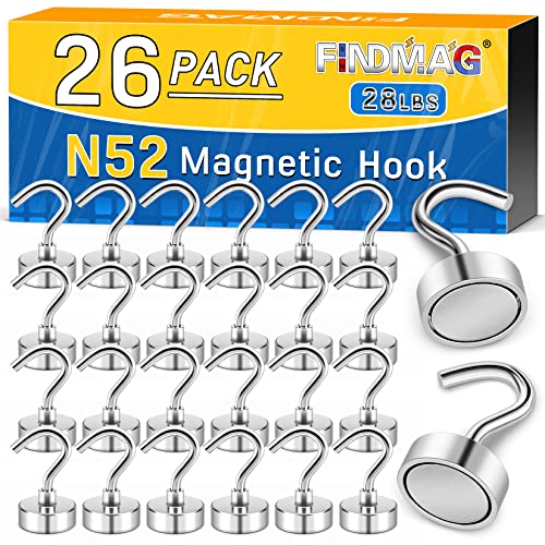 FINDMAG 26 Stück N52 Magnethaken, 12,7 kg Neodym-Magnethaken, robust zum Aufhängen, superstarke Magnete mit Haken für Klassenzimmer, Küche, Schule, Büro, Garage von FINDMAG