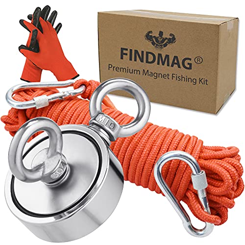 FINDMAG Super Stark Angelmagnet, 453 kg Zugkraft doppelseitiges Magnetangel Set mit Seil, Magnetfischen Set zum Herausnehmen von Gegenständen im Fluss, See, Strand, Rasen - 7,5 cm Durchmesser von FINDMAG