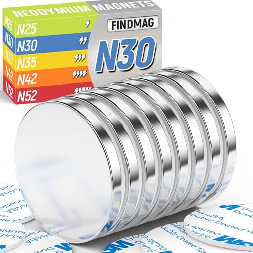 FINDMAG 8 Stück 30 x 3 mm Neodym Magnet, Magnete Stark, Starke Magnete, Scheibenmagnete, Seltenerdmagnete mit doppelseitigem Klebstoff, Neodym Magnete Extra Stark, Kühlschrankmagnete, Büro-Magnete von FINDMAG
