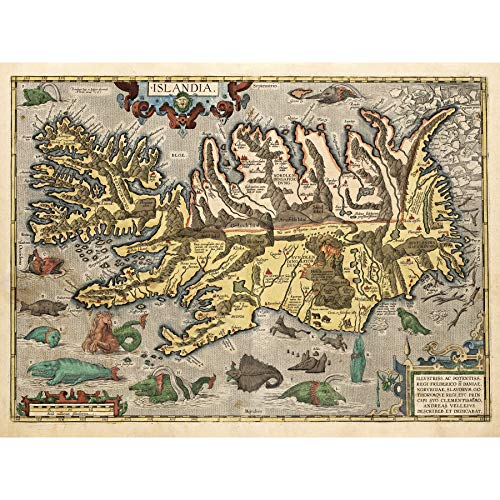 Map Ortelius 1585 Iceland Sea Monsters Pictorial Extra Large XL Wall Art Poster Print Karte Island Wand Poster drucken von Fine Art Prints