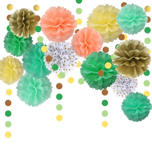 FINEASY 16 Stück Pompons Deko Seidenpapier, Party Deko Papier Girlande, Deko Geburtstag, Grün Tissue Papier Pom Poms Wabenbälle für Gartenparty Deko Hochzeitsdekorationen von FINEASY