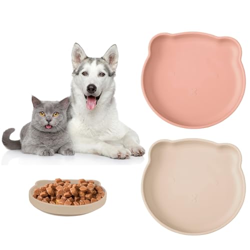 FINEASY 2 STK. Futternapf für Katzen, Silikon Katzennapf Flach Breit Katzen Futternapf Katzennäpfe, Katzennapf Katzen Leckerlies Napf, Katzenschüssel für Trockenfutter Nassfutter (Cremeweiß & Rosa) von FINEASY