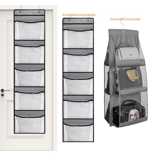 FINEASY 3 Stück Hängeorganizer, Handtaschen Organizer Hängend, Hängeaufbewahrung Über der Tür mit 5 Großen Taschen und 2 Haken, Doppelseitige Handtaschen Aufbewahrung mit 6 Großen von FINEASY