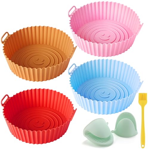 FINEASY 4 Stück Silikonform für Heißluftfritteuse mit Ofenhandschuhe+Backpinsel, Airfryer Zubehör Silikoneinsatz für Heißluftfritteuse, Silikon Backform Airfryer Silikonform Set für Mikrowelle von FINEASY