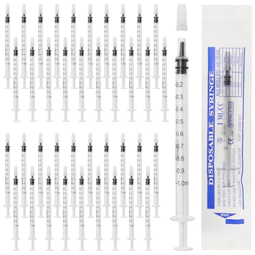 FINEASY 40 Stück Spritzen 1ml, Einwegspritzen mit Kappen, Kolostrum Spritze, Kunststoffspritzen Ohne Nadel, Sterile Spritzen für Tierfütterung, Nachfüllen und Flüssigkeitsdosierung von FINEASY