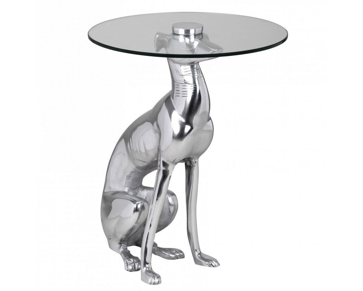 FINEBUY Beistelltisch Design Skulptur Deko Beistelltisch Figur aus Aluminium Farbe Silber (DOG Aluminium Rund mit Glasplatte 40x40x50 cm), Kleiner Wohnzimmertisch, Sofatisch Silber Metall von FINEBUY