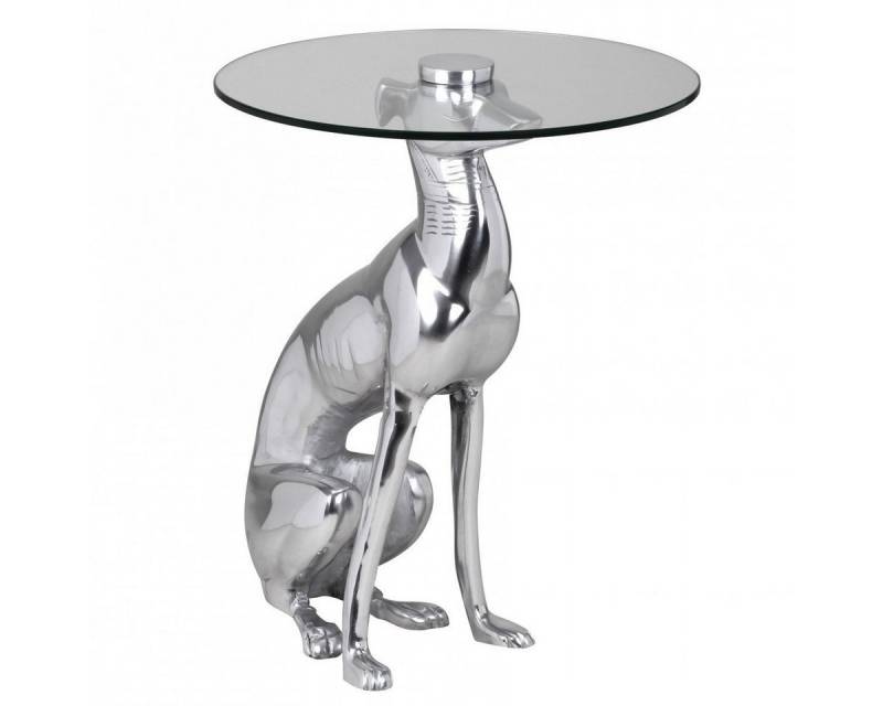 FINEBUY Beistelltisch Design Skulptur Deko Beistelltisch Figur aus Aluminium Farbe Silber (DOG Aluminium Rund mit Glasplatte 40x40x50 cm), Kleiner Wohnzimmertisch, Sofatisch Silber Metall von FINEBUY