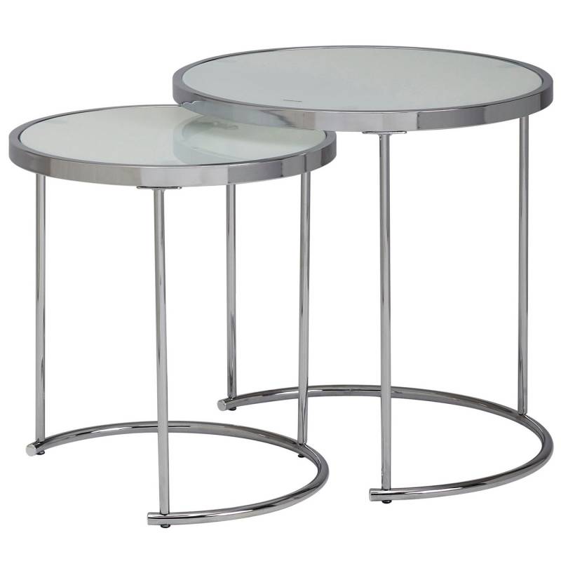 FINEBUY Beistelltisch Beistelltisch 2tlg Rund Wohnzimmertisch Weiß Glas Couchtisch Silber (Rund Ø 50/42 cm - 2 teilig Silber mit Glasplatte), Wohnzimmertisch 2er Set, Satztisch Milchglas von FINEBUY