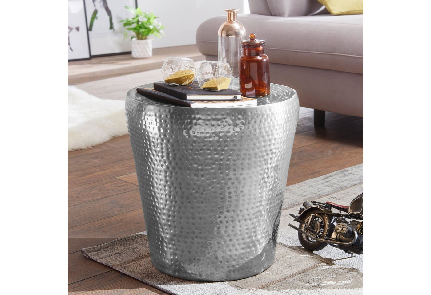 FINEBUY Beistelltisch SuVa12215_1 (41x41x41 cm Aluminium Hammerschlag Silber Rund), Kleiner Wohnzimmertisch, Sofatisch Orientalisch von FINEBUY