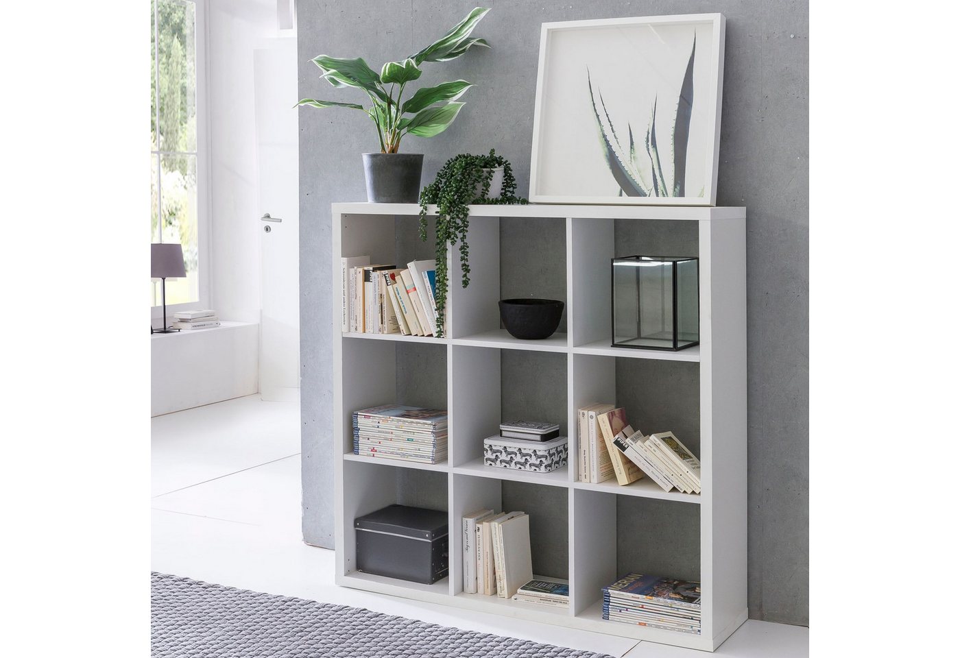 FINEBUY Bücherregal FB52460, Würfelregal 112x29x112 cm mit 9 Fächern Weiß, Bücherregal Quadratisch, Raumteiler Freistehend von FINEBUY