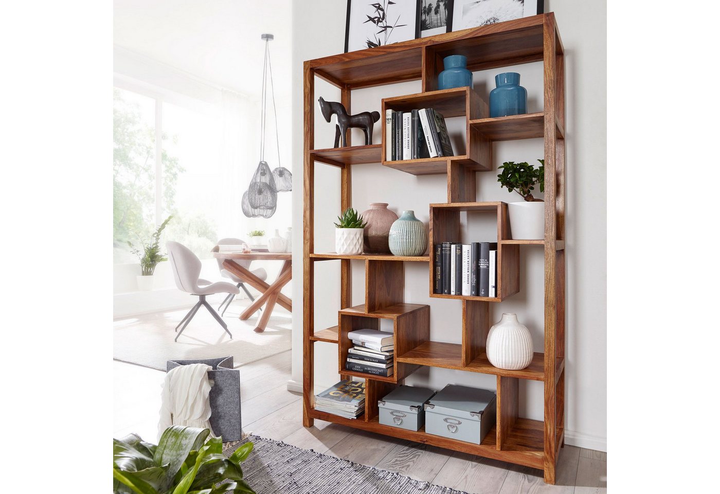 FINEBUY Bücherregal SuVa1166_1, Sheesham Massivholz 115x180x40 cm mit 12 Ablagen, Großes Standregal, Holzregal Natur Rustikal von FINEBUY