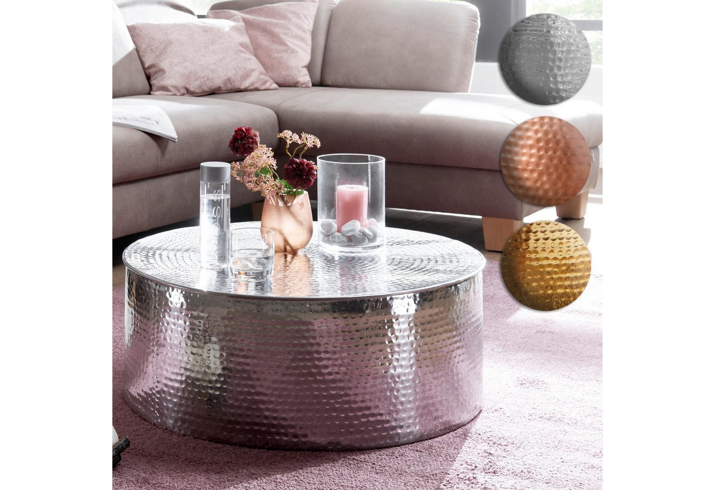 FINEBUY Couchtisch FB12258 (75x31x75 cm Aluminium Hammerschlag Silber Rund), Großer Wohnzimmertisch, Sofatisch Orientalisch von FINEBUY