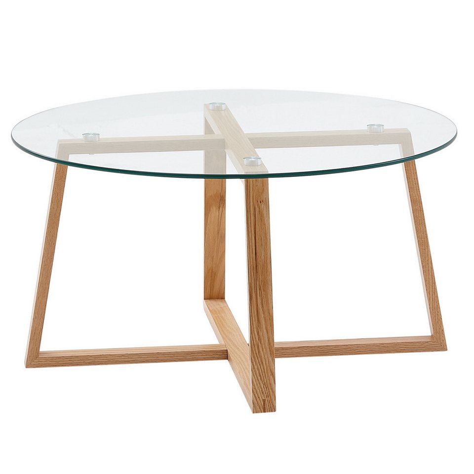 FINEBUY Couchtisch FB31296 (78x78x41 cm Sofatisch Eiche Massivholz / Glas Rund), Kaffeetisch Echtholz, Wohnzimmertisch Modern von FINEBUY