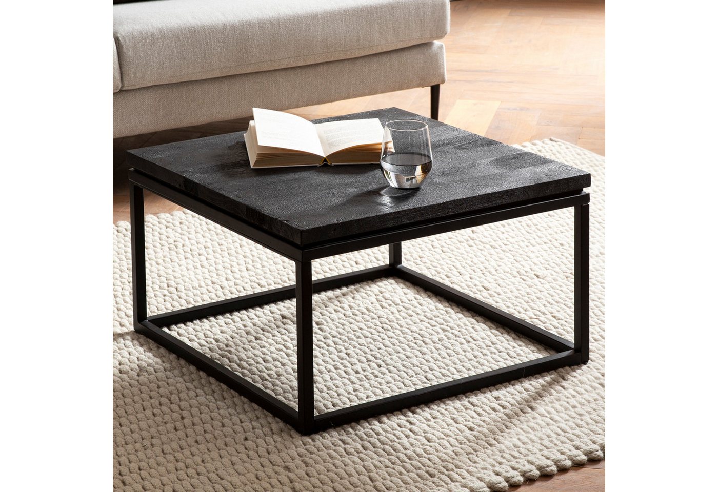 FINEBUY Couchtisch Couchtisch Sofatisch Massivholz / Metall Schwarz Wohnzimmertisch (60x60x35 cm Sofatisch Massivholz Metall Schwarz), Kaffeetisch Modern, Wohnzimmertisch Quadratisch von FINEBUY