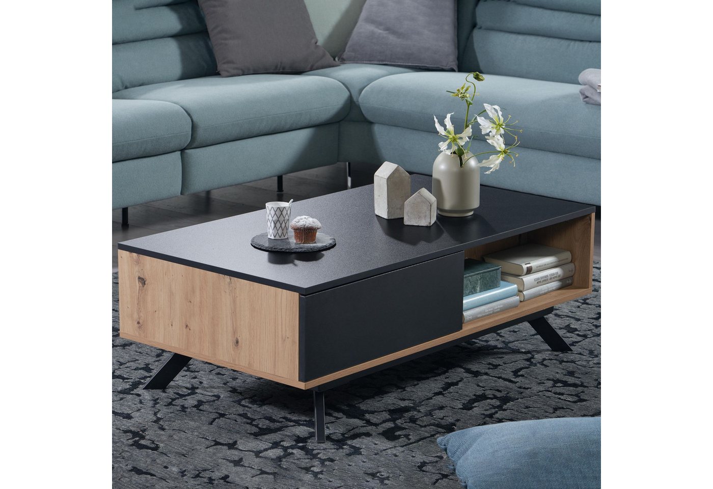 FINEBUY Couchtisch FB86955 (110x60x38 cm MDF Eiche-Dekor / Schwarz, Sofatisch), Wohnzimmertisch mit Schubladen, Tisch Rechteckig von FINEBUY