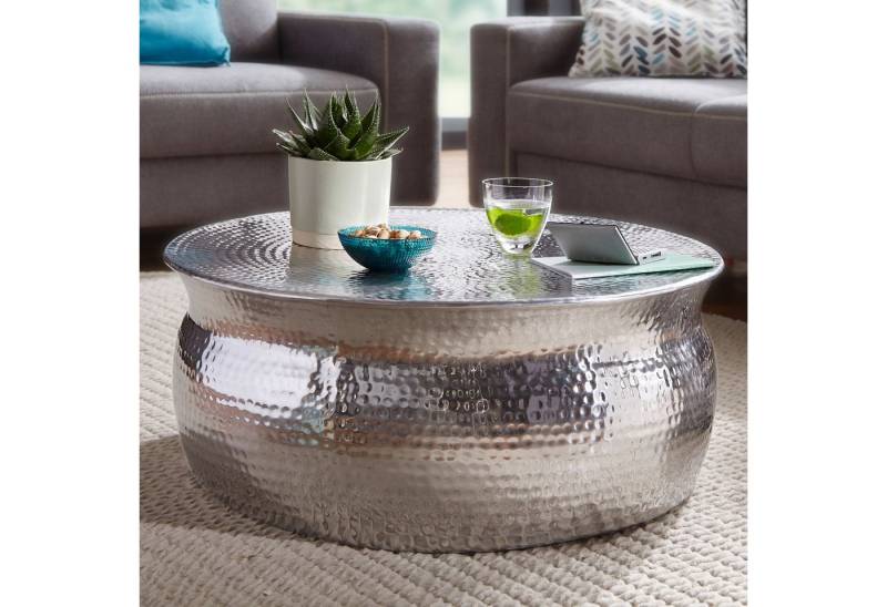 FINEBUY Couchtisch SuVa12222_1 (75x31x75 cm Aluminium Hammerschlag Silber Rund), Großer Wohnzimmertisch, Sofatisch Orientalisch von FINEBUY