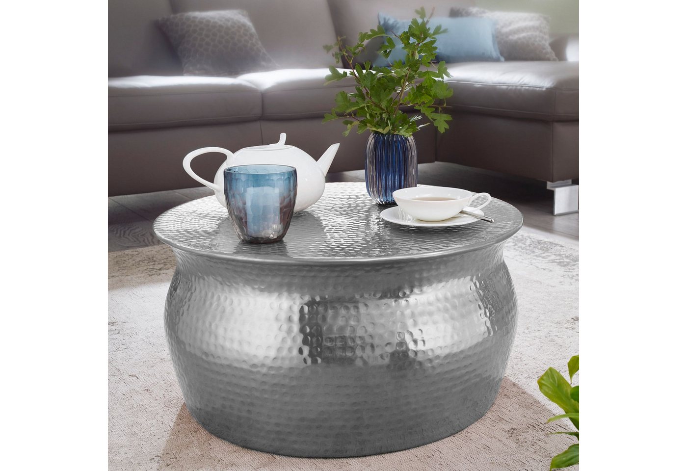 FINEBUY Couchtisch SuVa12225_1 (60x30,5x60 cm Aluminium Hammerschlag Silber Rund), Kleiner Wohnzimmertisch, Sofatisch Orientalisch von FINEBUY