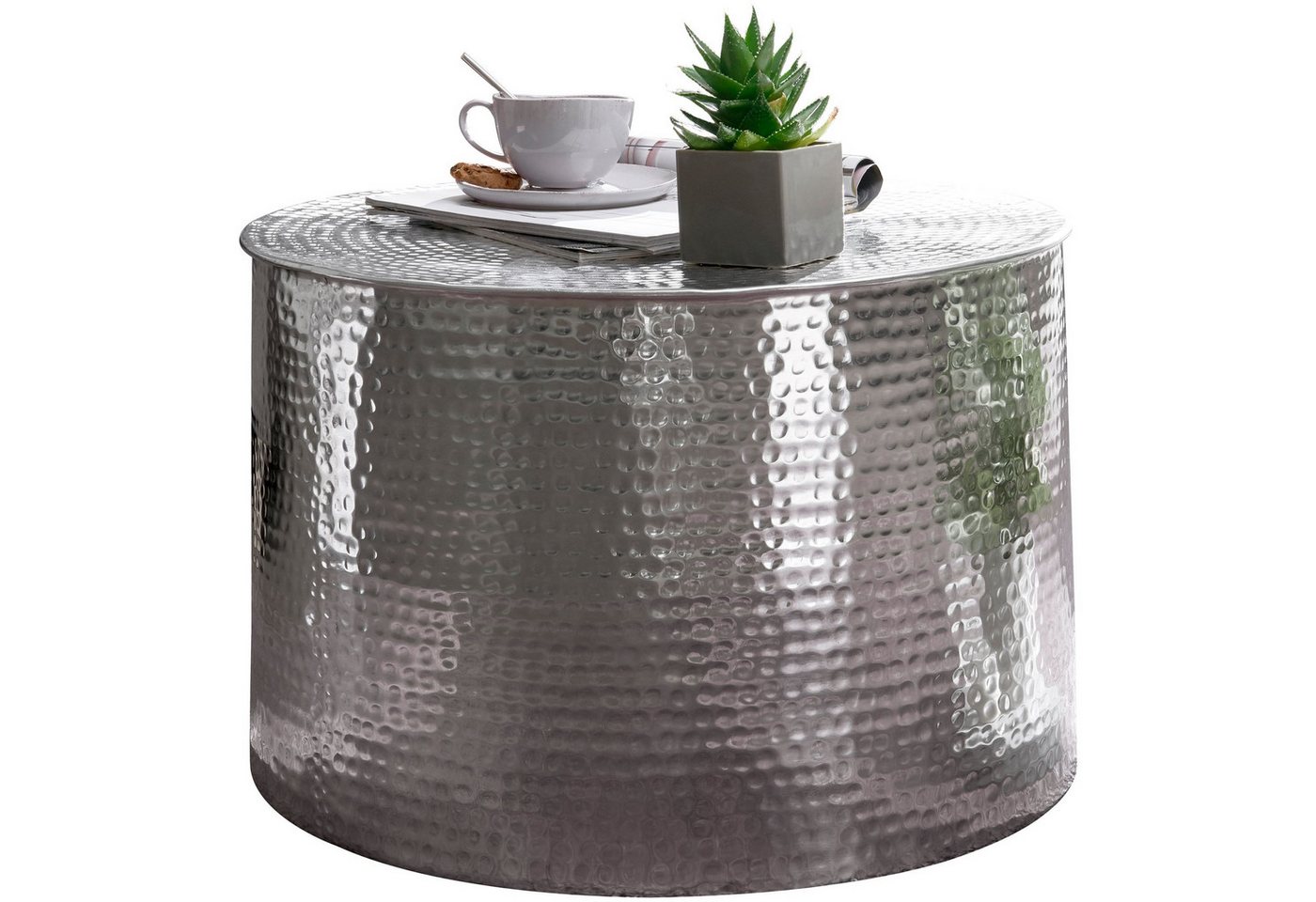 FINEBUY Couchtisch SuVa12255_1 (61x40,5x61 cm Aluminium Hammerschlag Silber Rund), Kleiner Wohnzimmertisch, Sofatisch Orientalisch von FINEBUY