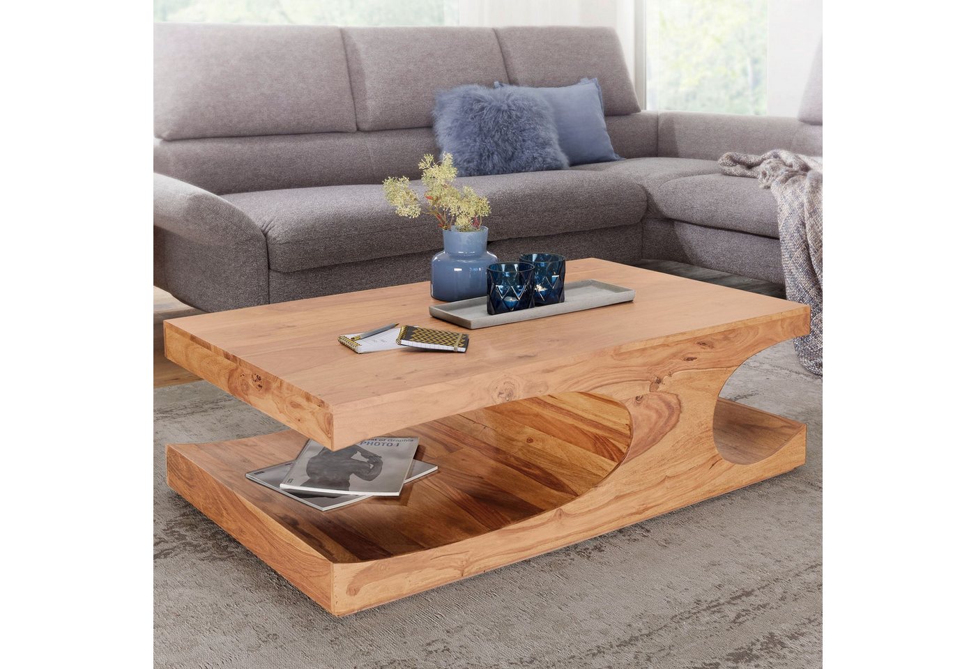 FINEBUY Couchtisch SuVa2473_1 (Akazie Massivholz 118x70x38 cm Rechteckig Ablage), Großer Wohnzimmertisch, Sofatisch Kaffeetisch von FINEBUY