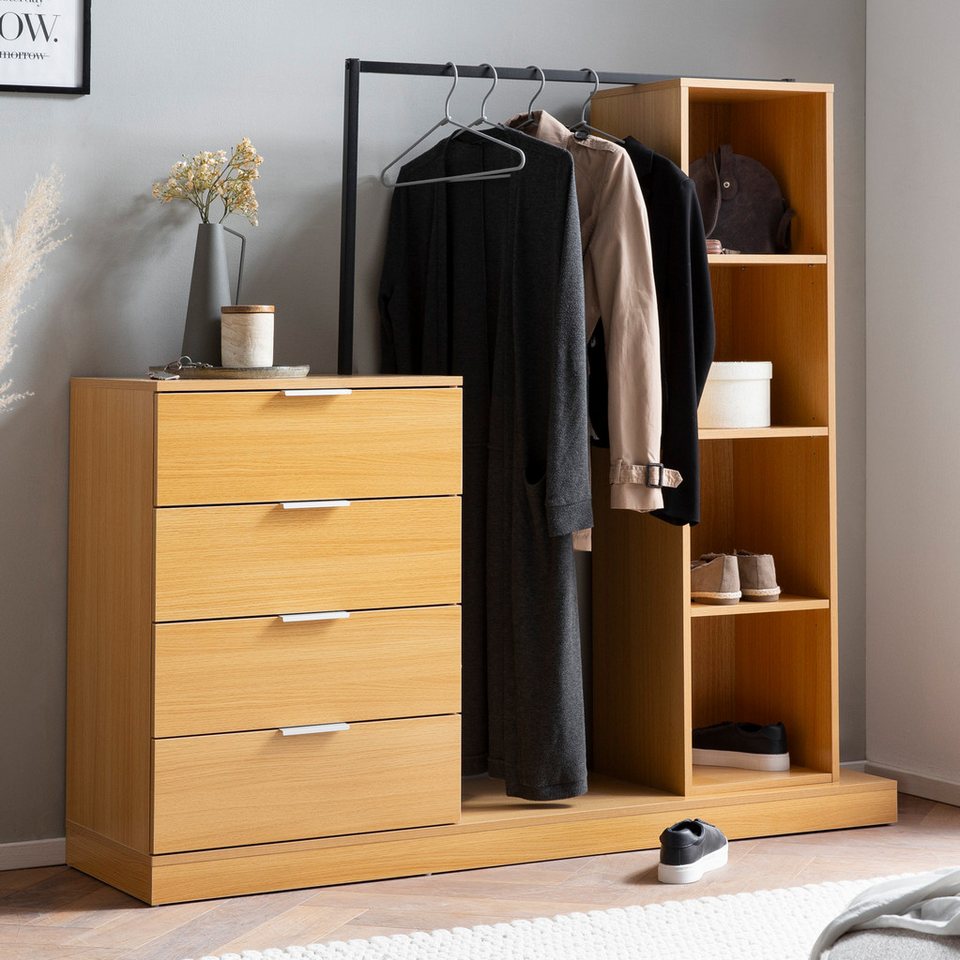 FINEBUY Garderobe FB100012 (Flurgarderobe mit Kommode & Kleiderstange Eiche), Flur Kompaktgarderobe, Komplettgarderobe von FINEBUY